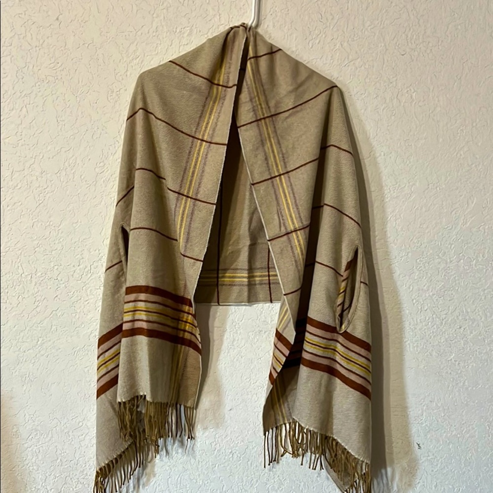 Striped Cape Scarf Wrap With Armholes & Fringes Earth Tones Bohemian Cottagecore